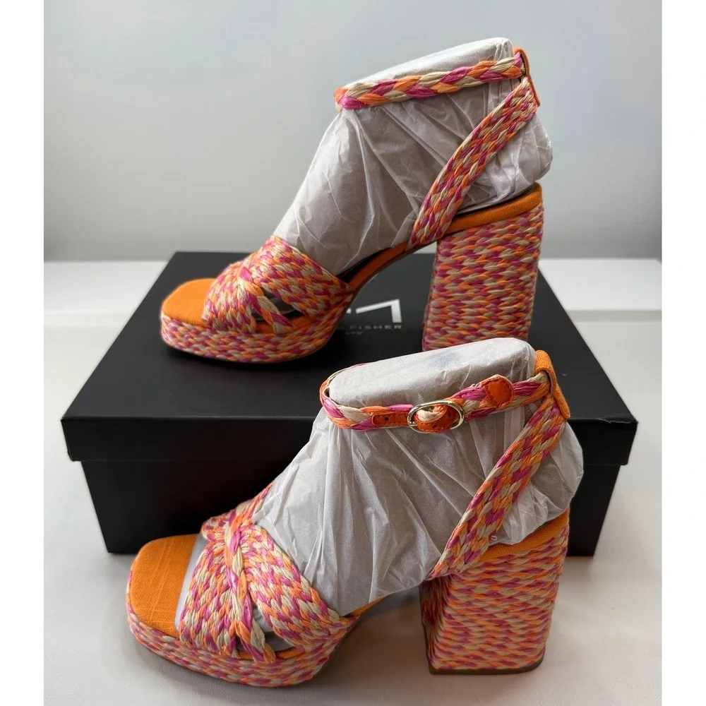 Marc Fisher LTD Janie Pink Orange Woven Block Heel Sandals 8.5M NEW